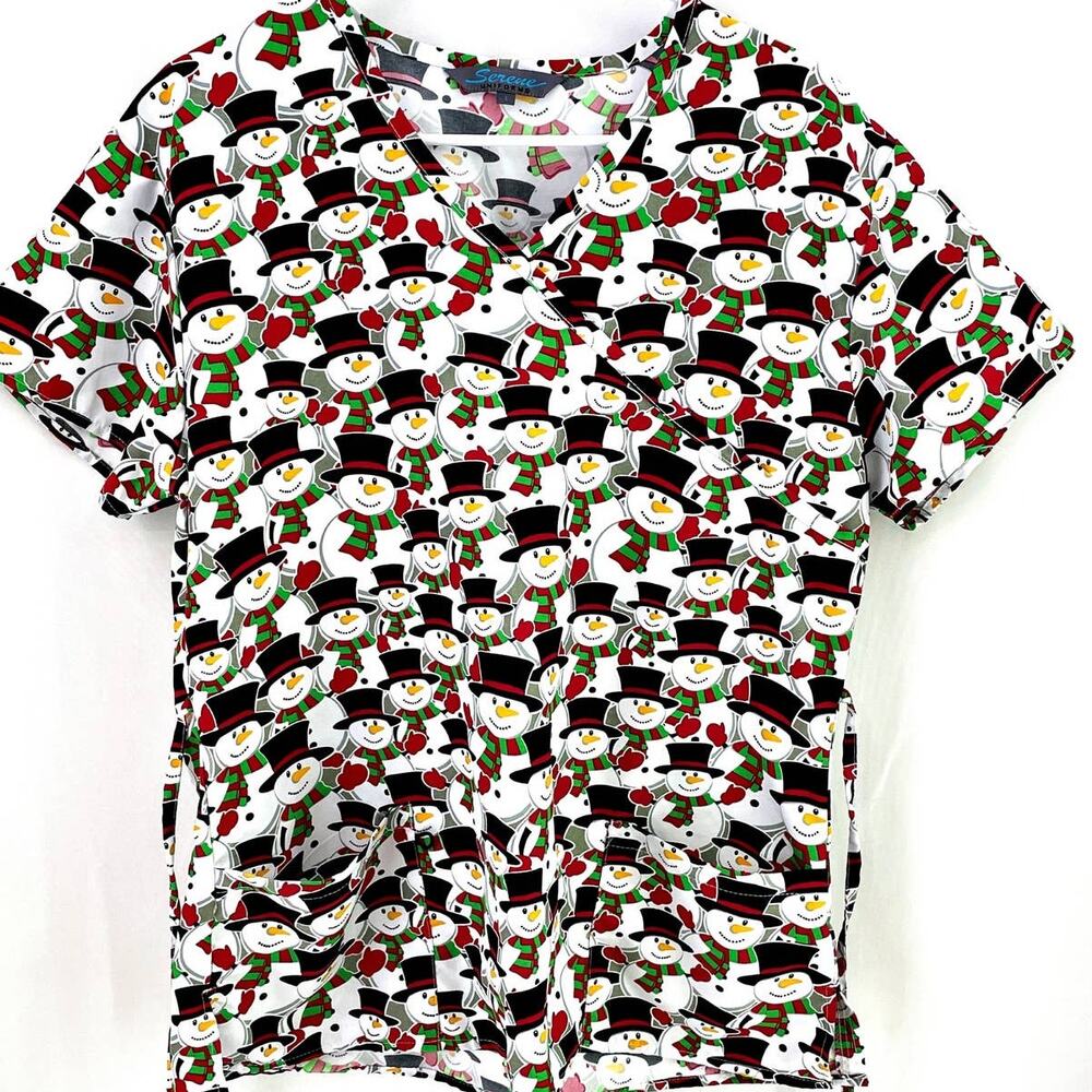 Serene Uniforms Christmas Snowman Frosty Buttery Soft Scrub Uniform Top LARGE